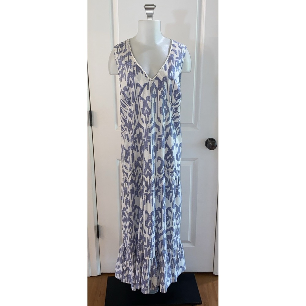 April Cornell  Blue White Ikat Sleeveless Tiered Dress Maxi Midi Boho - Size XL